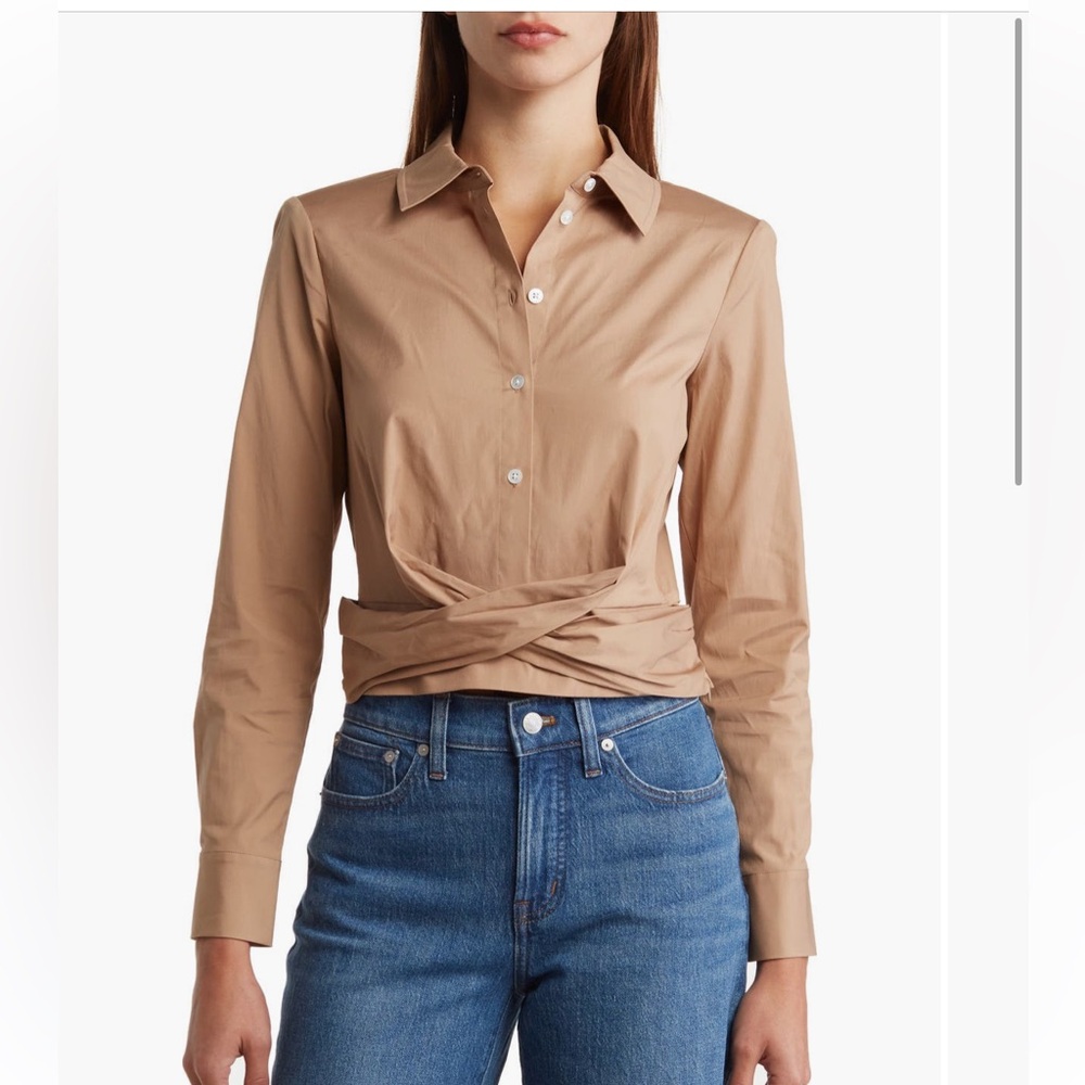 Veronica Beard Tan Wrap-Detail Button Down Shirt